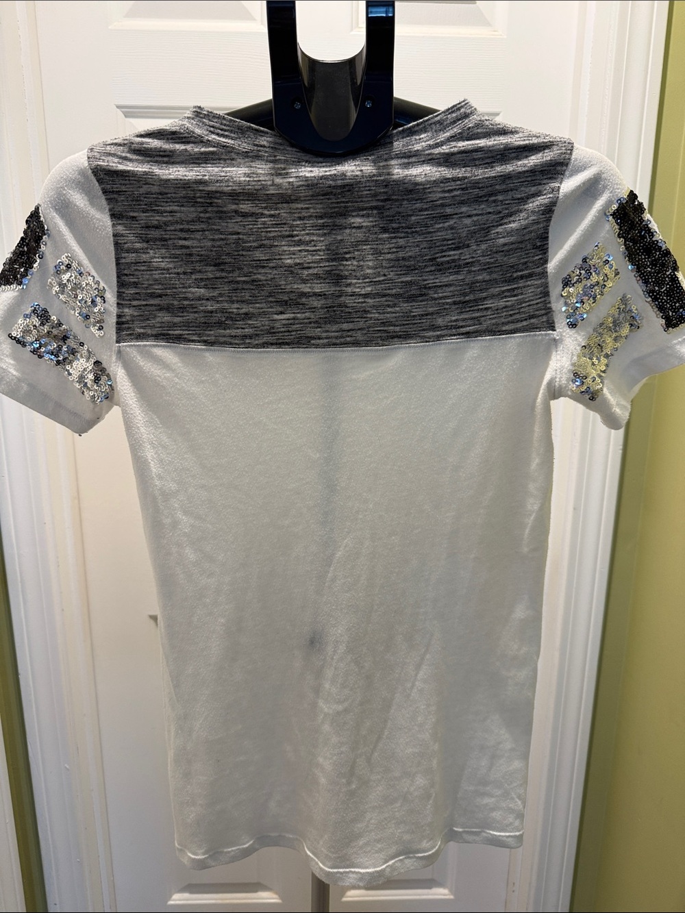 PINK Victoria's Secret White Tee with Gray Yoke and Sequin Sleeve Accents - Picture 2 of 5